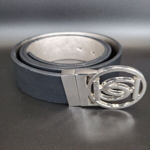 Bebe Women’s Black Leather Belt 38–42" Silver Logo Circle Buckle